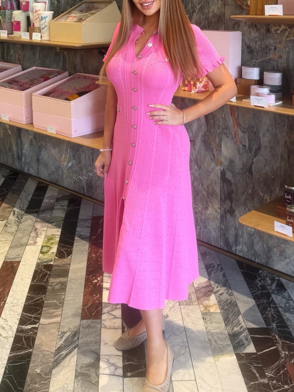 Sandro like Women’s Pink Button-Front Midi Dress - Casual Style